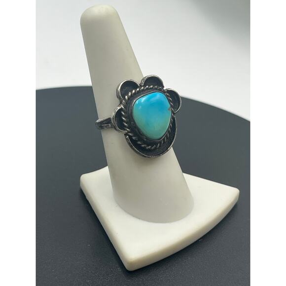 Old Pawn Native American Navajo Sleeping Beauty Turquoise Sterling Ring sz 7.25 - Picture 2 of 8